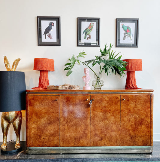 Burled wood credenza in our store featuring other amazing products