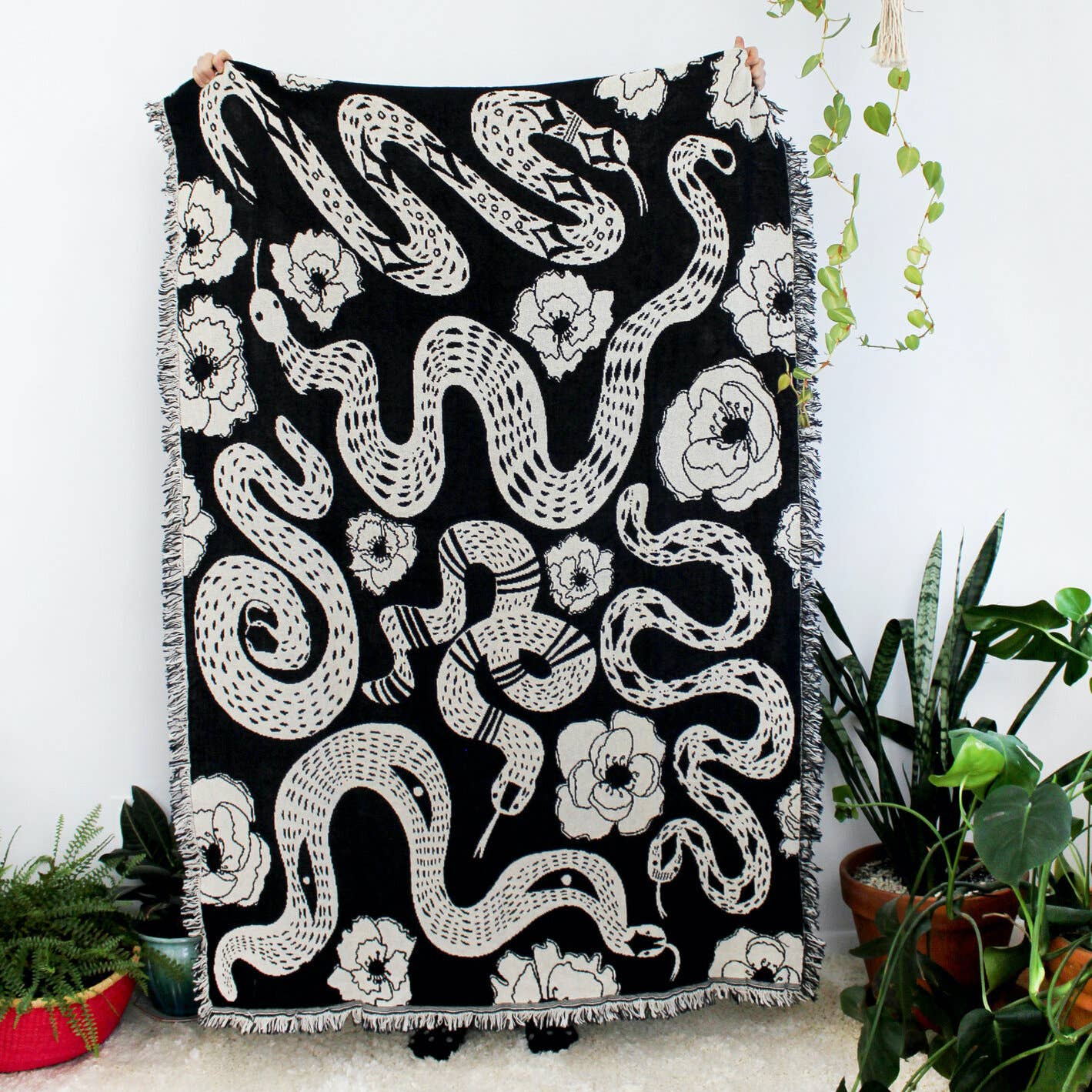 Snakes and Poppies Black and White Throw Blanket